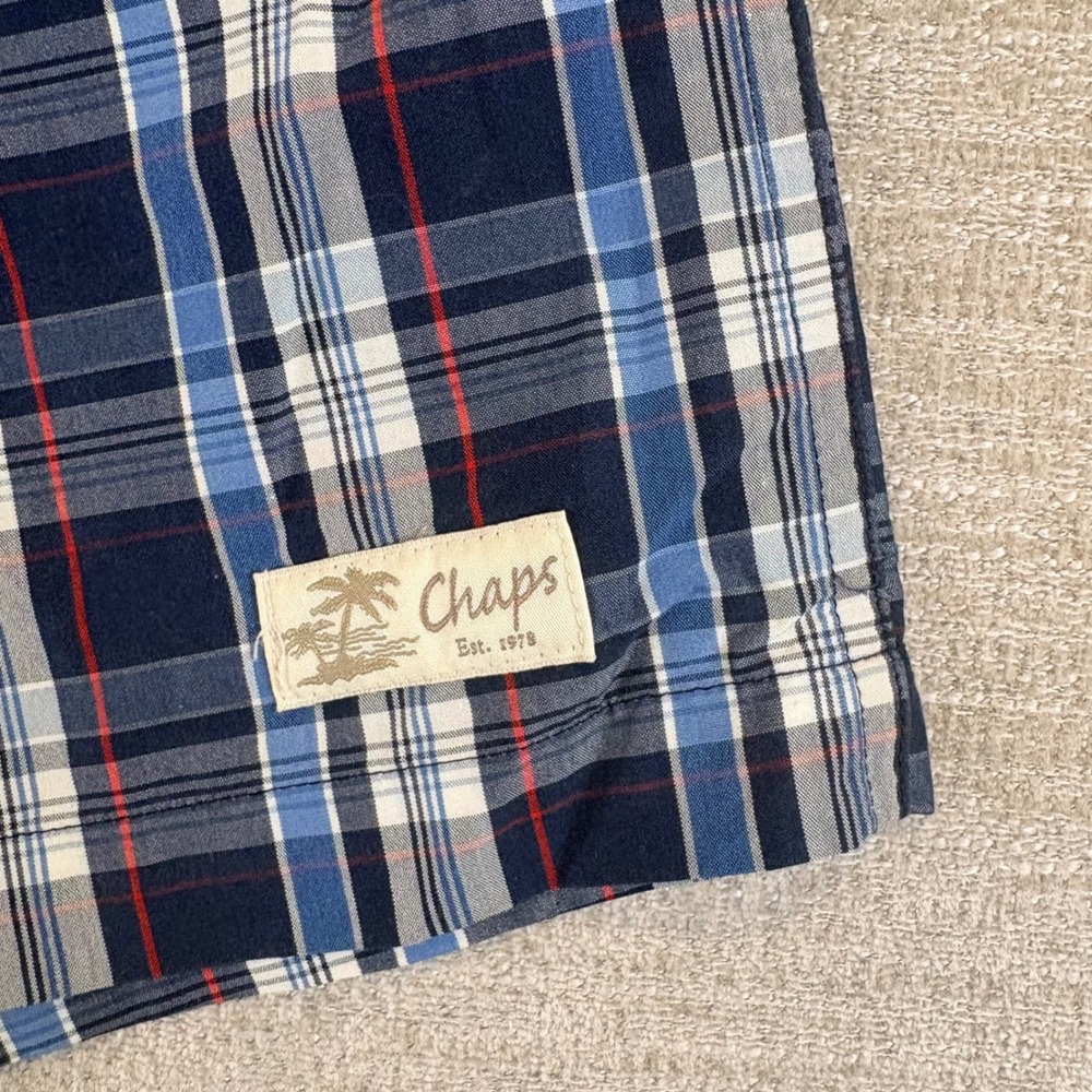 Chaps Mens Plaid Swim Trunks Navy Blue Red Coastal Preppy Board Shorts XL